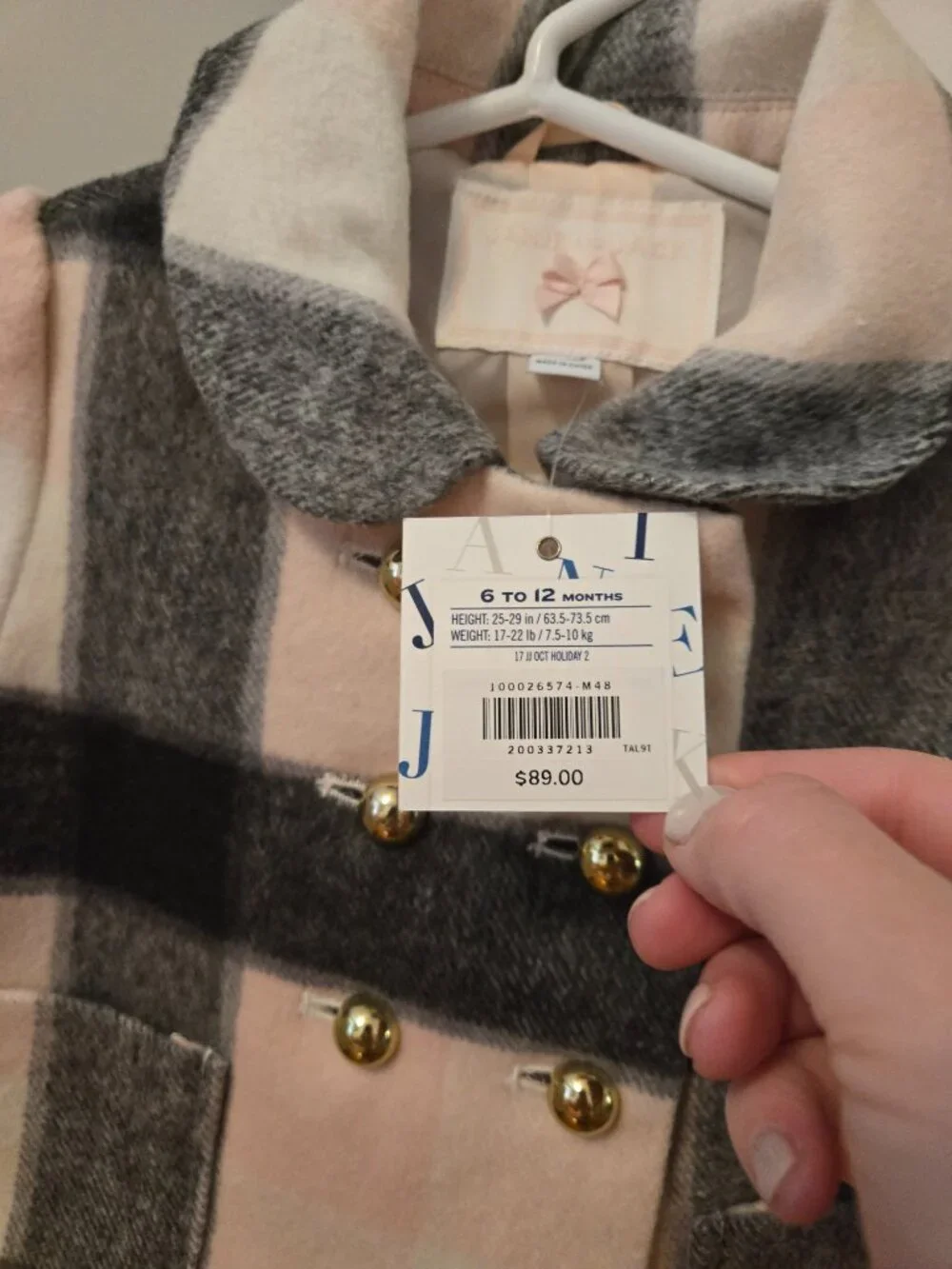NWT Girls Janie and Jack pink plaid coat size 6-12 months
